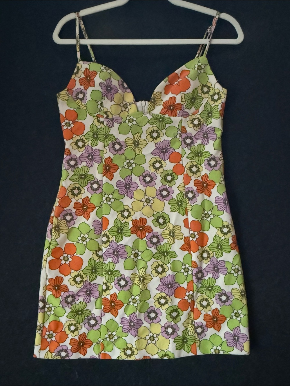 Zara Floral Spaghetti-Strap Dress in Green, Orange & Purple Medium M